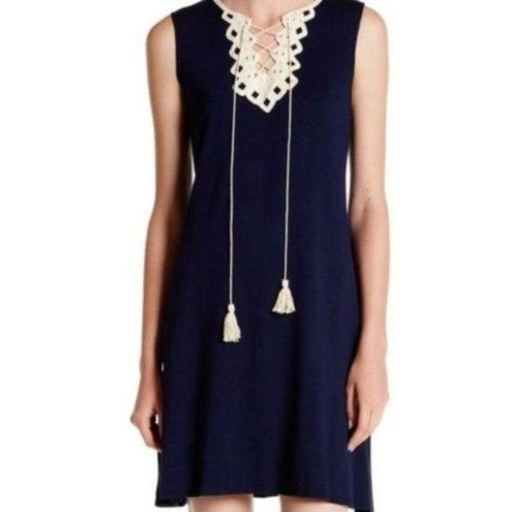 Max Studio Navy Blue Midi Dress with Cream Accents